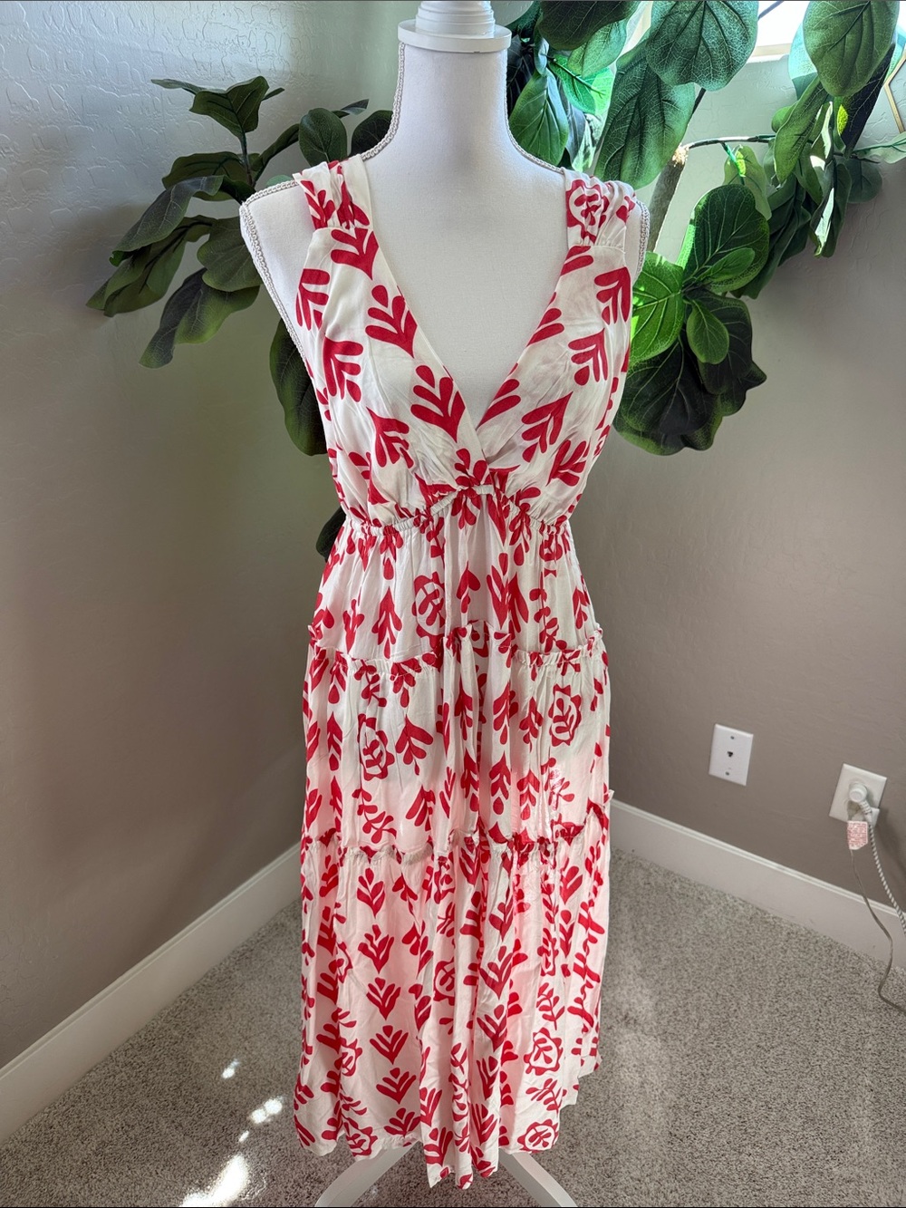 Salty Lemon Redish Orange  and White Printed V-Neck MIDI Dress